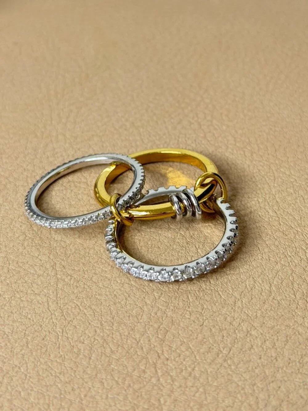 Gold & Silver Stackable Ring Set Interlocking Multi-Link Bands Statement Jewelry - Picture 2 of 2